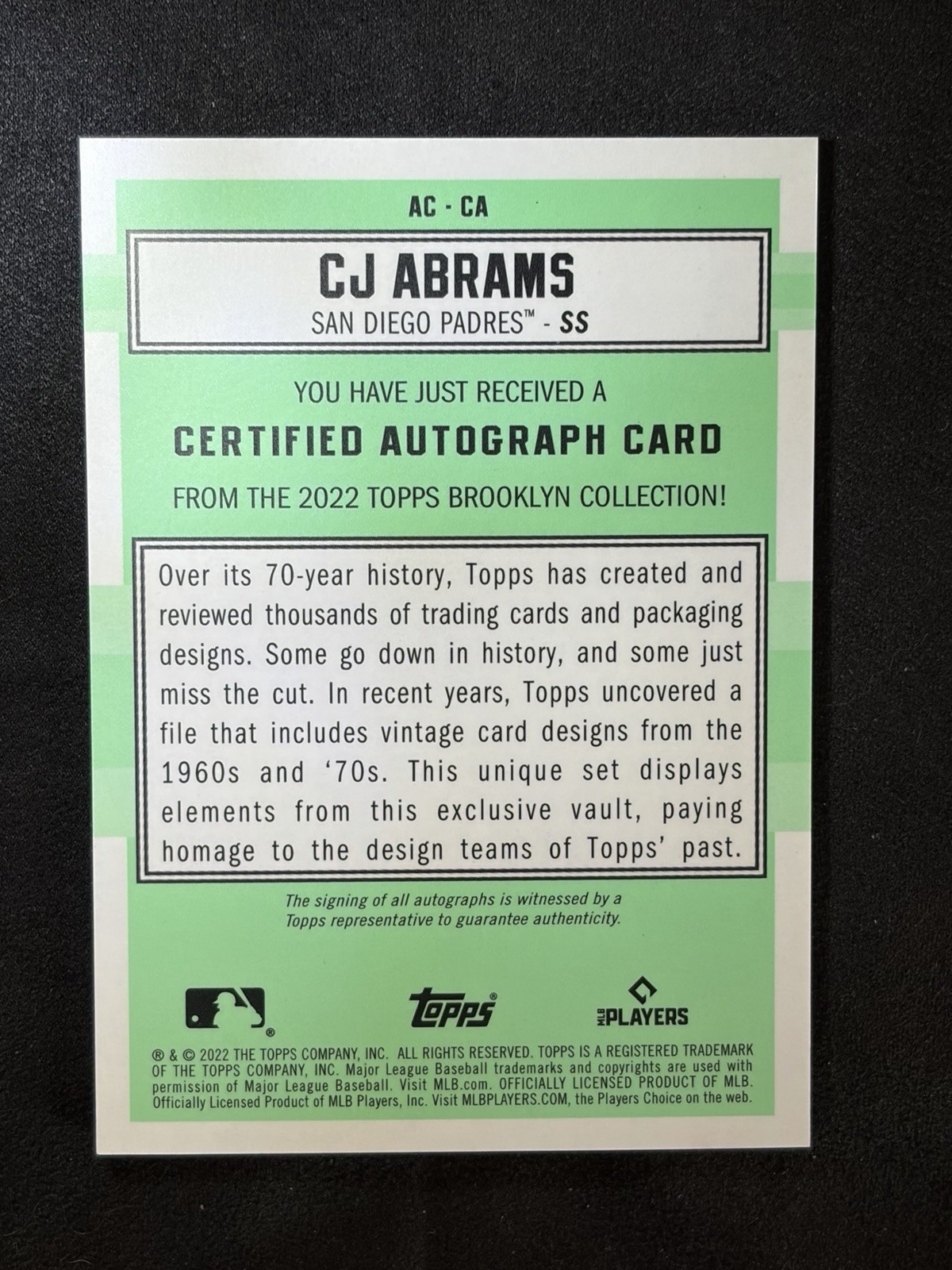 2022 Topps Brooklyn C.J. Abrams AC-CA Gold RC Auto /50 Padres