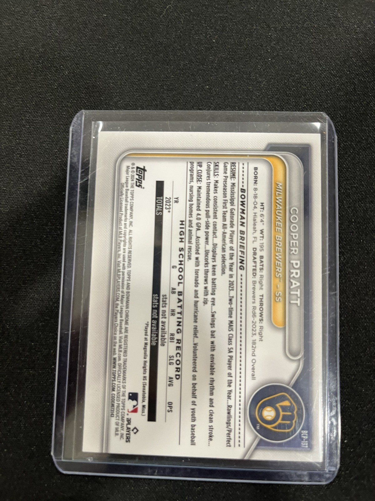 Cooper Pratt 2024 Bowman Chrome 1st Sapphire #BCP-137 – Brewers blue & yellow