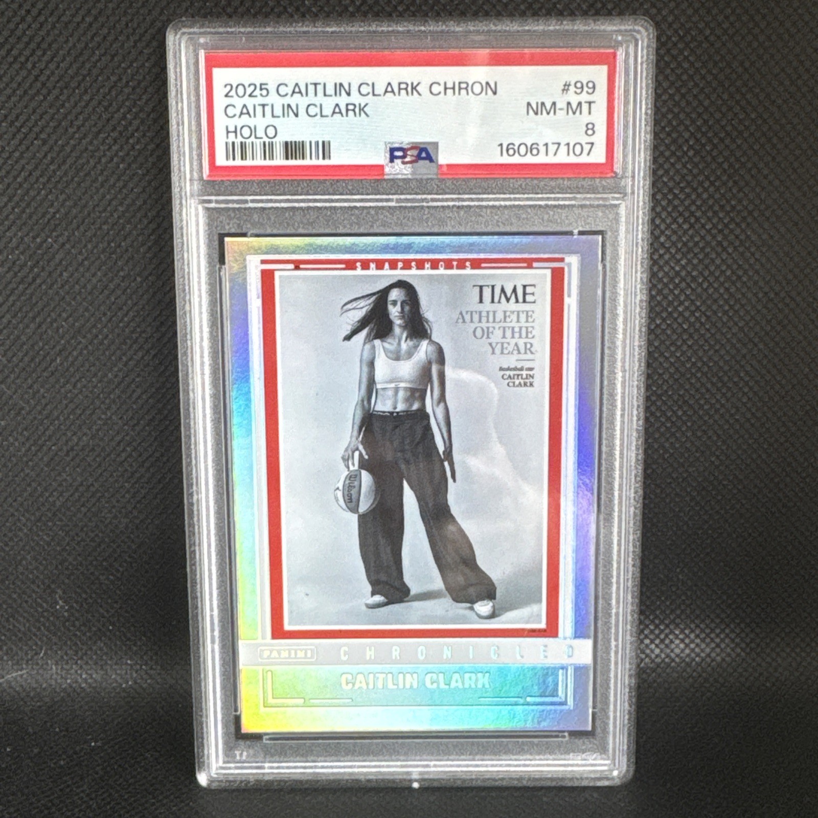 2025 Panini Chronicles Caitlin Clark Chronicled #99 Holo Time Athlete Year PSA 8