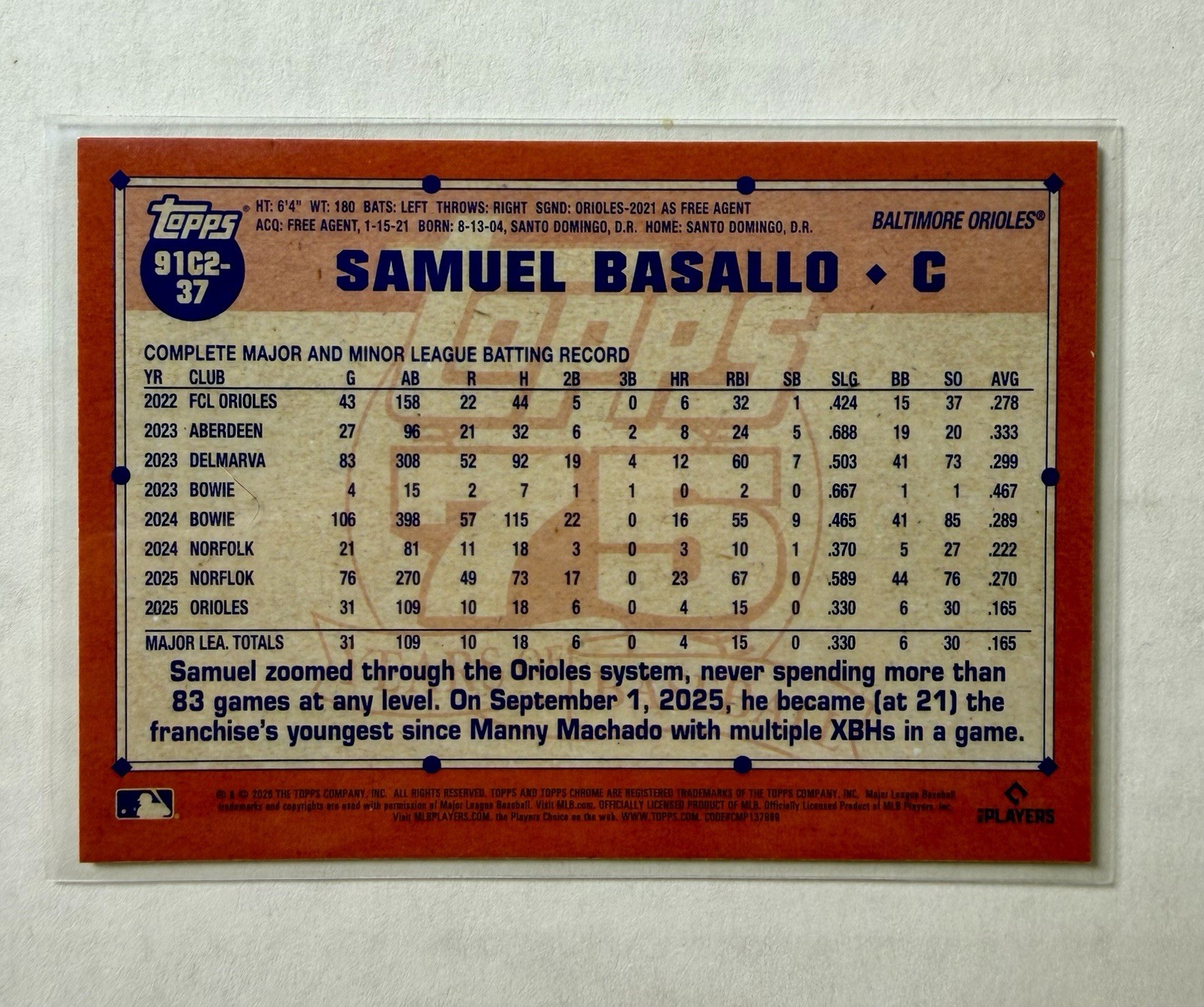 Sam Basallo 2026 Topps Series 2 #91C2-37 Silver Pack Mojo Refractor RC Orioles