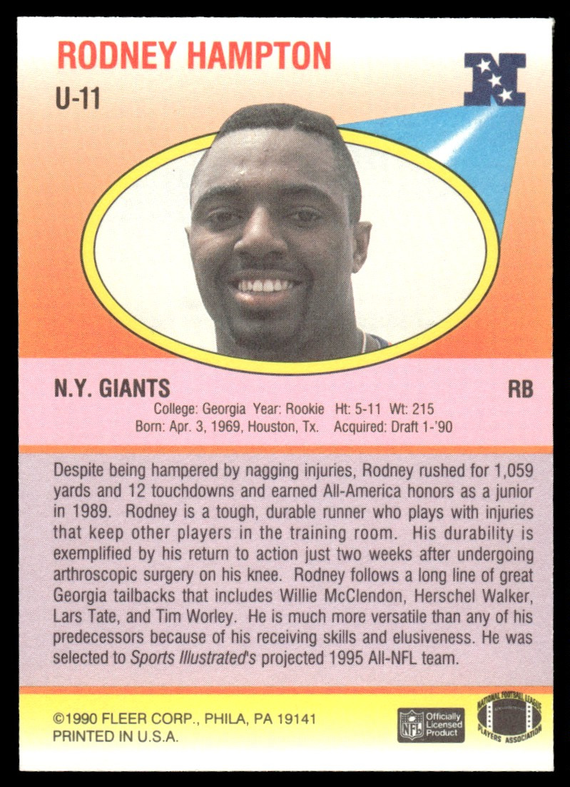 1990 Fleer Update Rodney Hampton Rookie #U-11