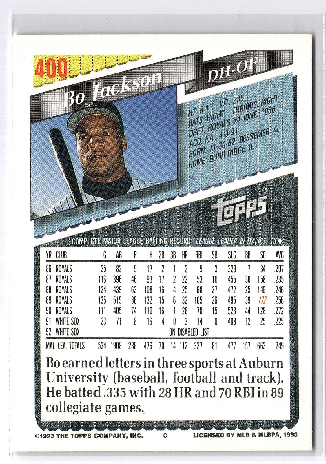 1993 Topps #400 Bo Jackson Gold Parallel Chicago White Sox