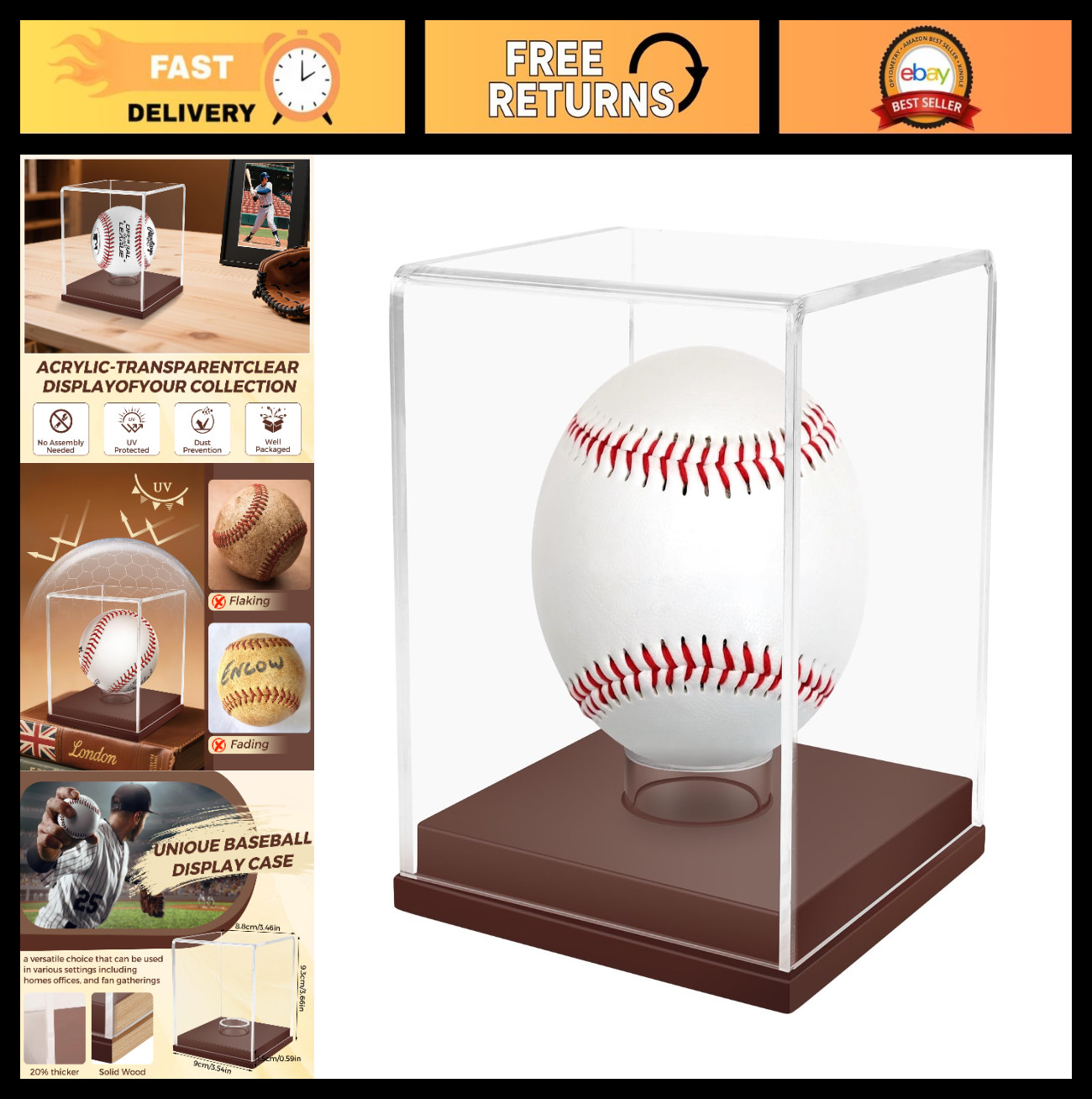 Acrylic Baseball Display Case with UV Protection, Autograph Holder & Wooden Base