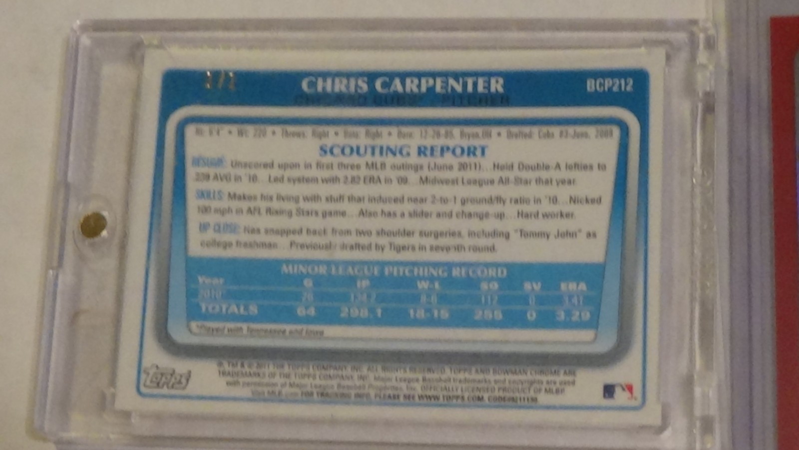 2011 CHRIS CARPENTER RC BOWMAN 8 CARDS SER #D # 1/1 OF 5/25/50/150/500/799 MADE