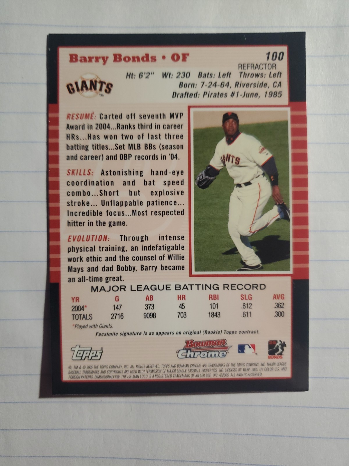 2005 Bowman Chrome Barry Bonds Refractor #100