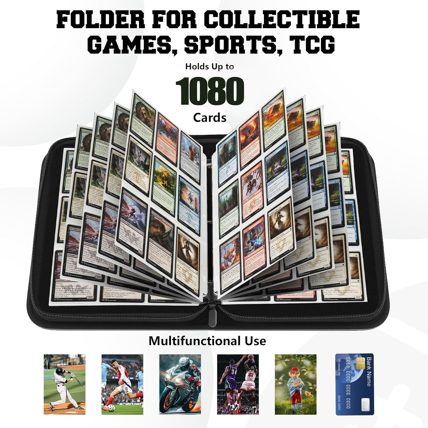 9 Pocket Trading Card Zip Binder – Holds 1080 Cards, 60 Pages Large-Capacity,Dou