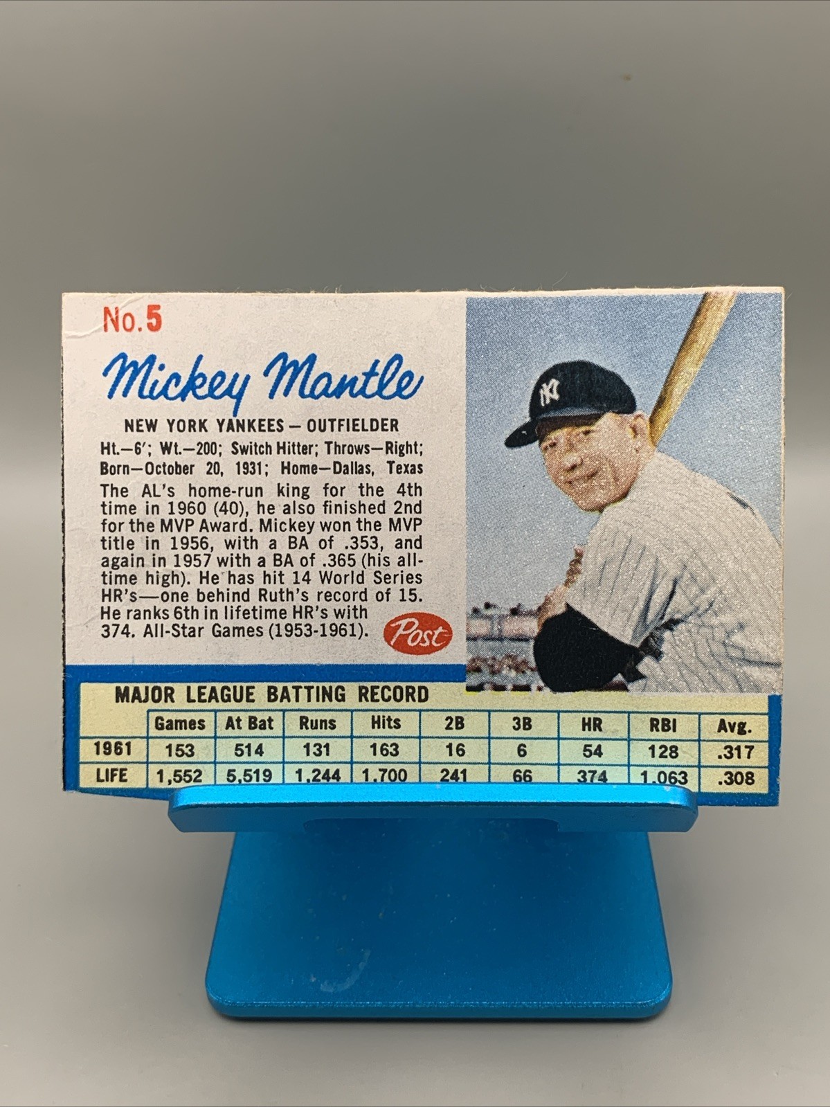 1962 Post Cereal (hand Cut) #5 Mickey Mantle New York Yankees Small Crease