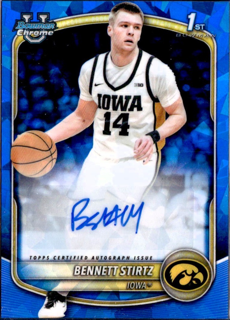 BENNETT STIRTZ RC 2025-26 BOWMAN U CHROME SAPPHIRE PROSPECT ROOKIE AUTO IOWA