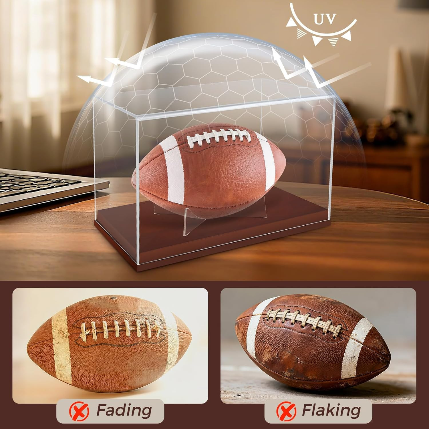 Football Display Case, Acrylic Football Display Box with Wooden Base, UV Protect