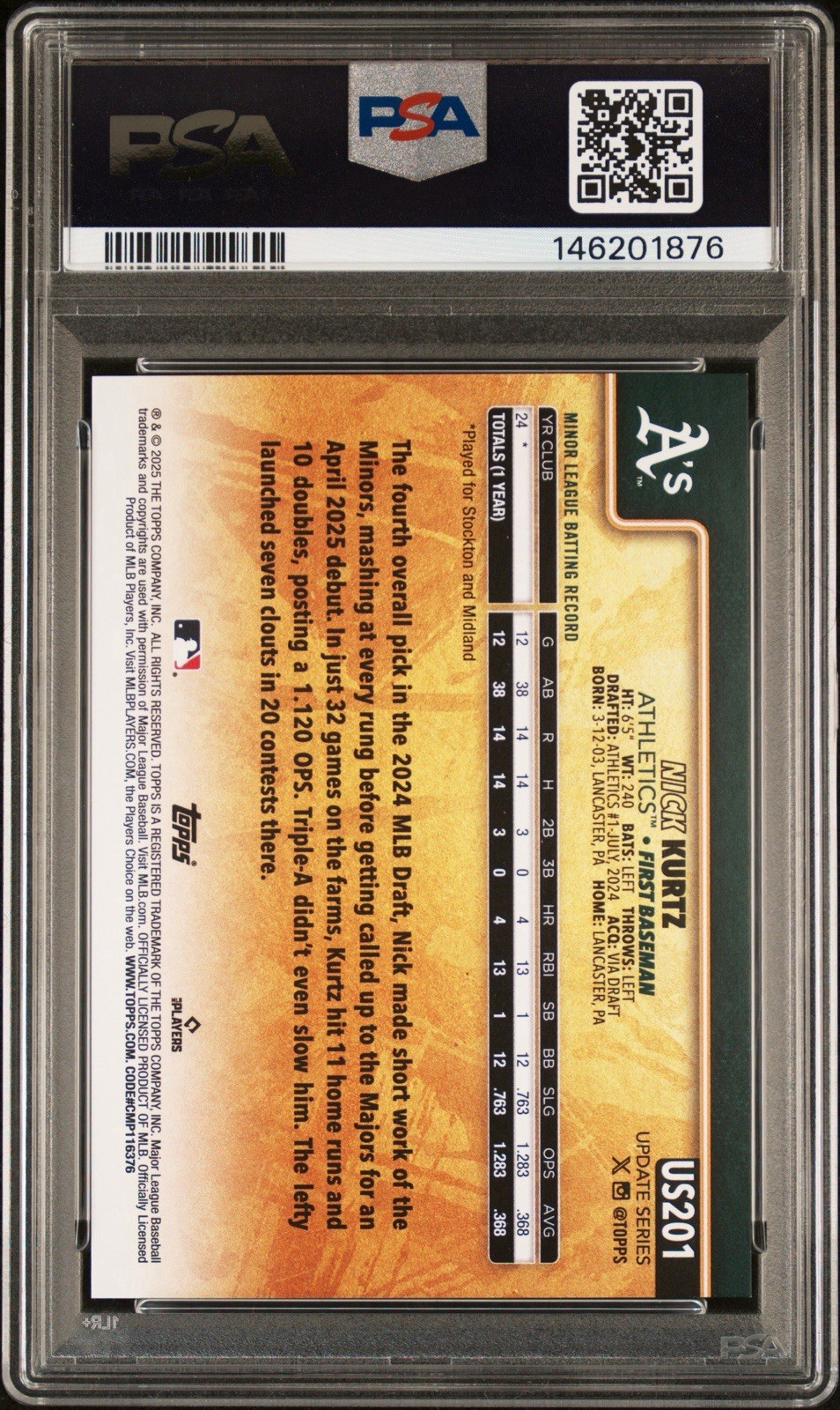 2025 Topps Update Golden Mirror Image Variation US201 Nick Kurtz PSA 10 SSP POP2
