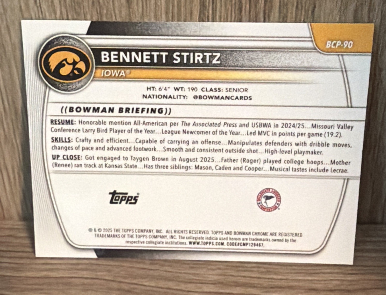 Topps Bowman U Chrome 2025-26 Bennett Stirtz Rookie #BCP-90 Iowa /125
