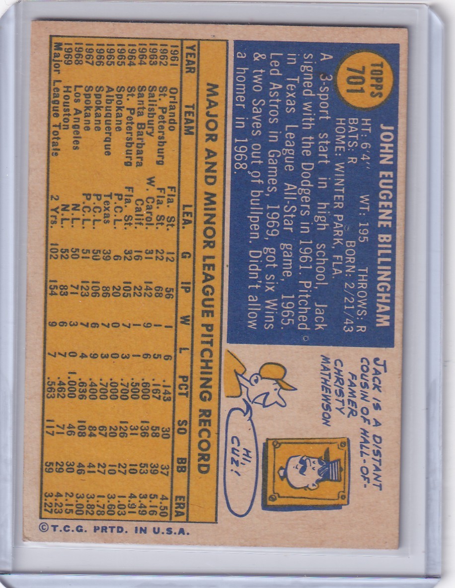 1970 Topps Baseball #701 Jack Billingham – Houston Astros