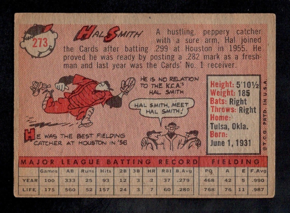 1958 Topps Baseball Card #273 Hal Smith St. Louis Cardinals VG-EX