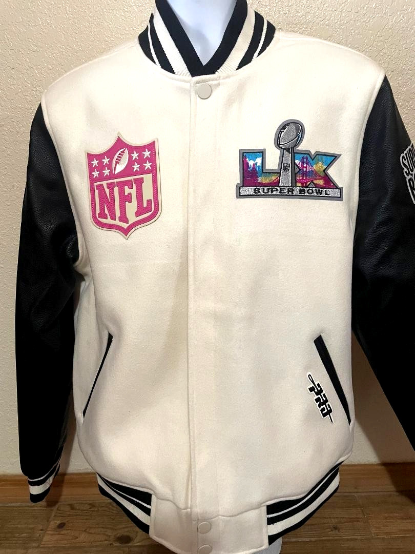 2026 NFL Super Bowl LX San Francisco Rib Wool Varsity Jacket Cream Size XL