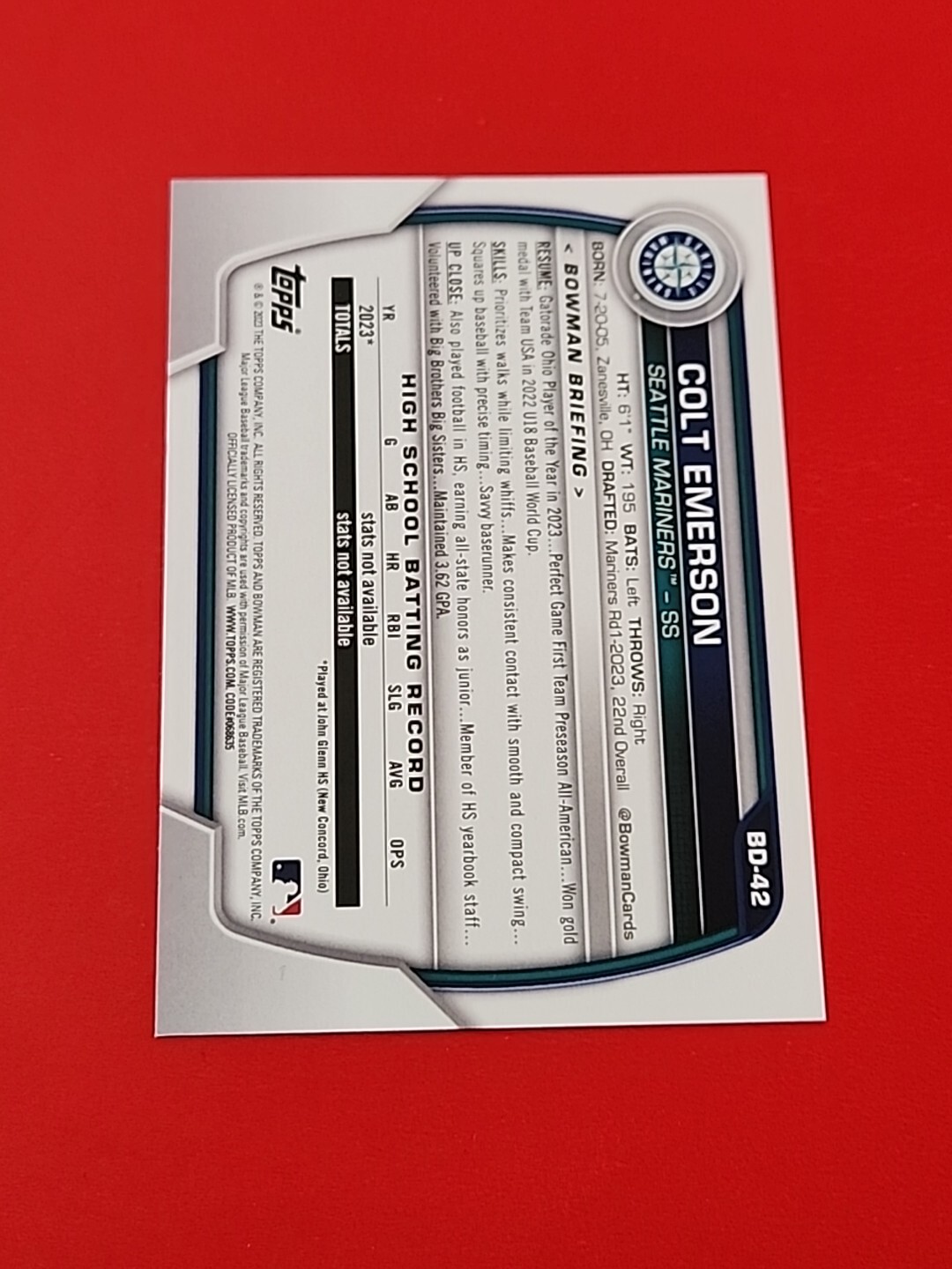 2023 Bowman Draft Paper Base BD-42 Colt Emerson – Seattle Mariners