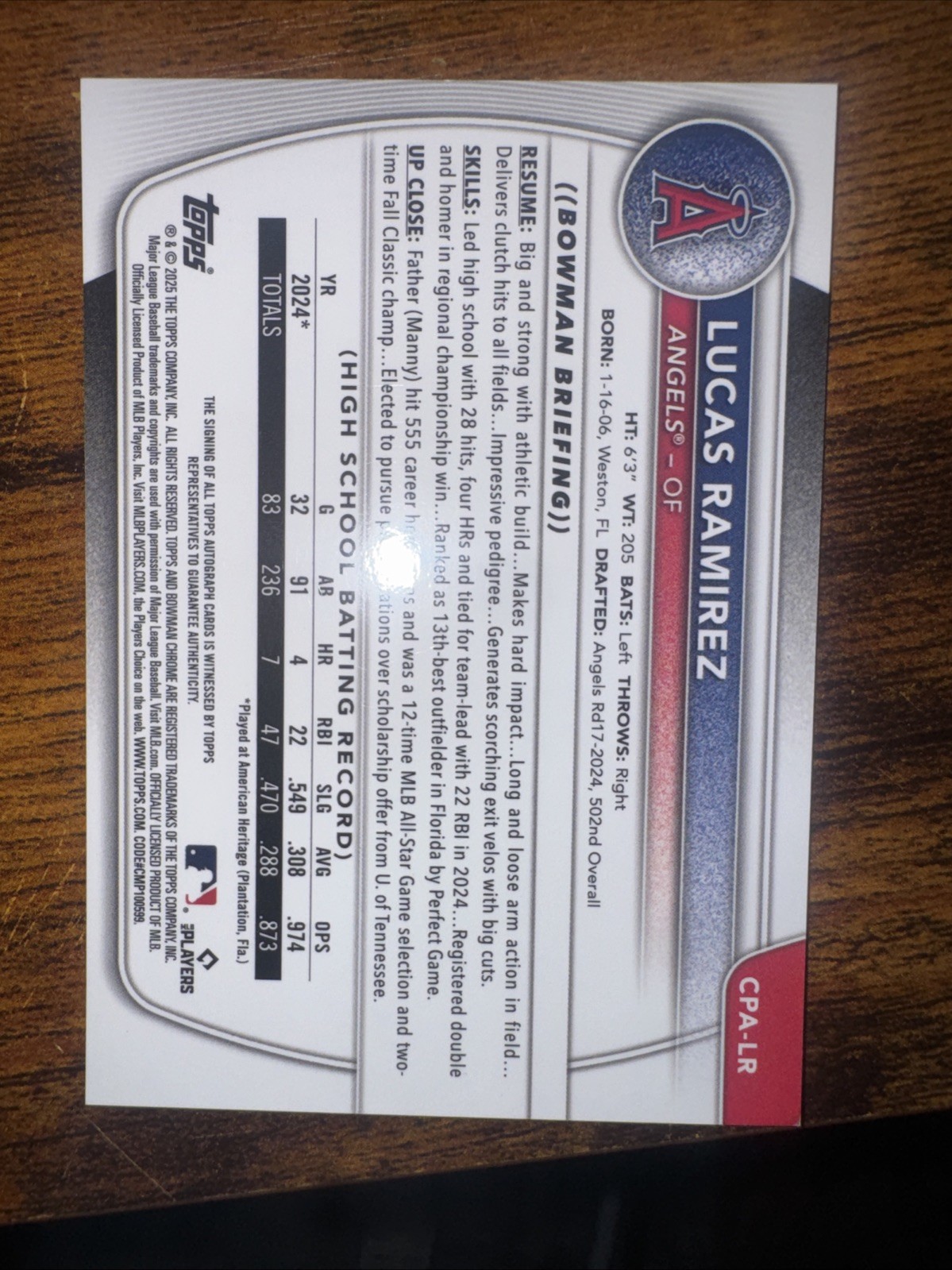 Lucas Ramirez 2025 1st Bowman Draft Auto True Yellow /75 Au RC Angels (COA-LR)