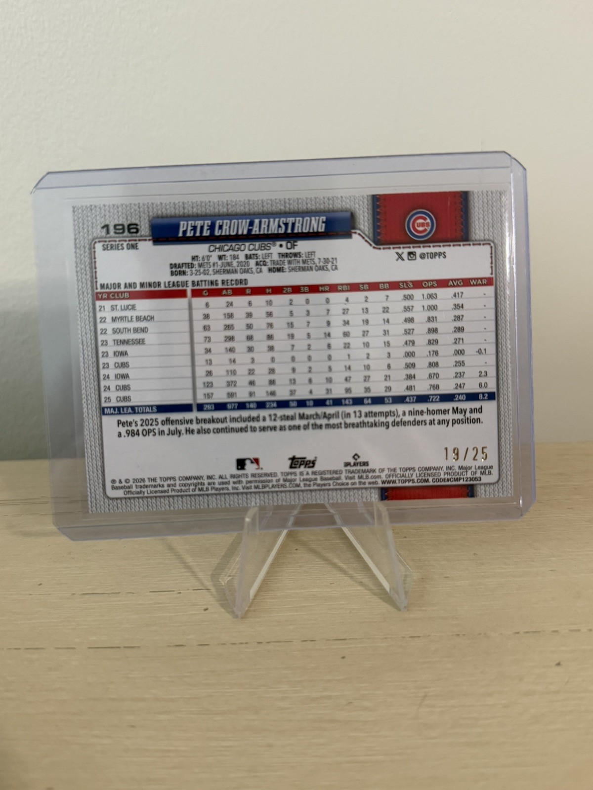PETE CROW-ARMSTRONG 2026 TOPPS ORANGE SANDGLITTER #19/25 **CHICAGO CUBS** #196