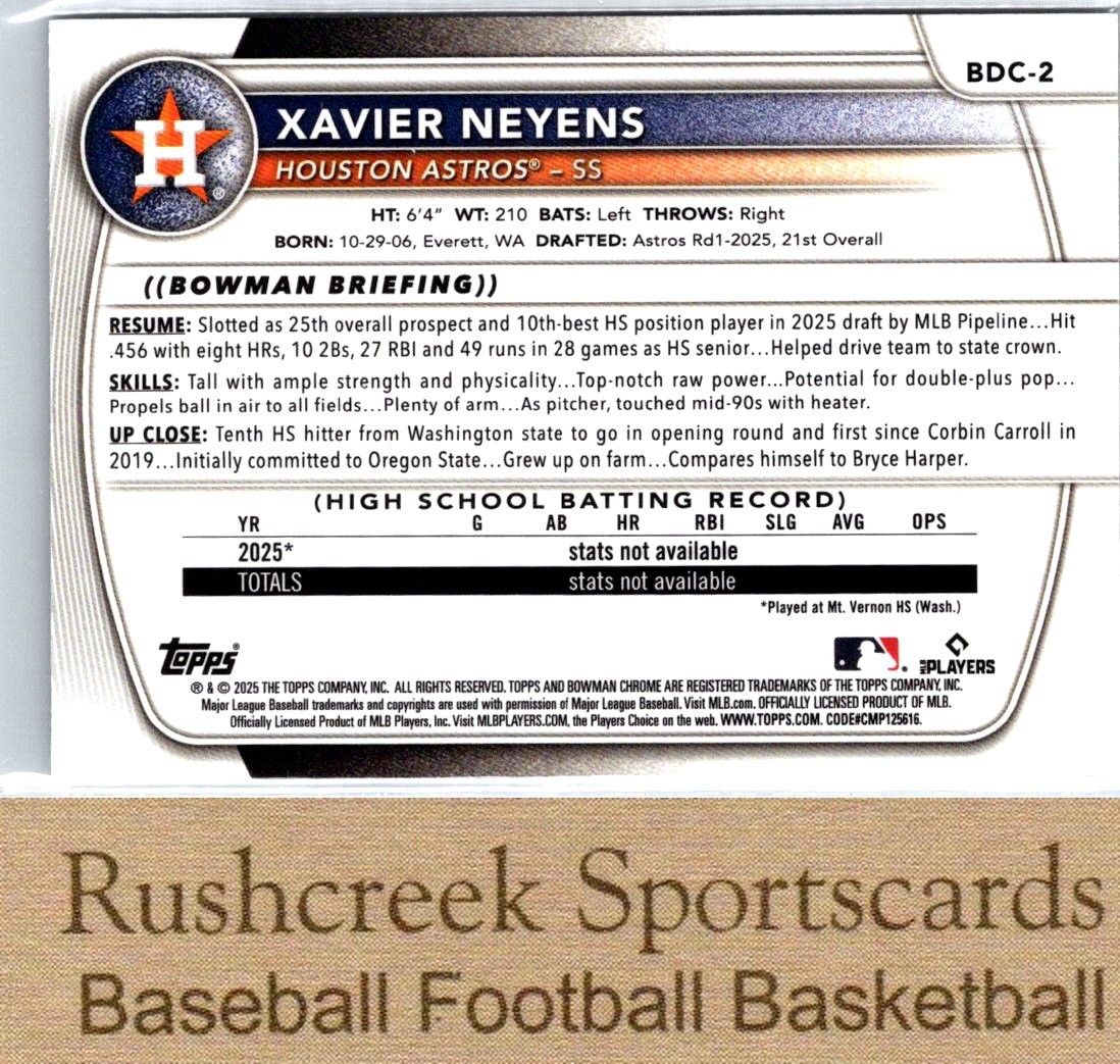 2025 Bowman Draft #BDC-2 Xavier Neyens 1st Bowman Chrome Mojo
