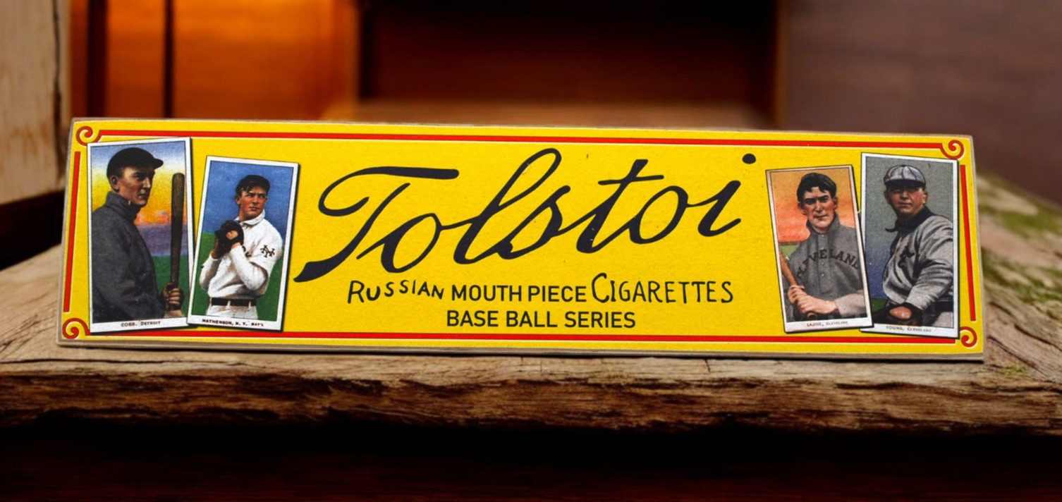 T206 Tolstoi Tobacco Baseball Card Wood Sign Display – 6″x24″ Cobb Johnson