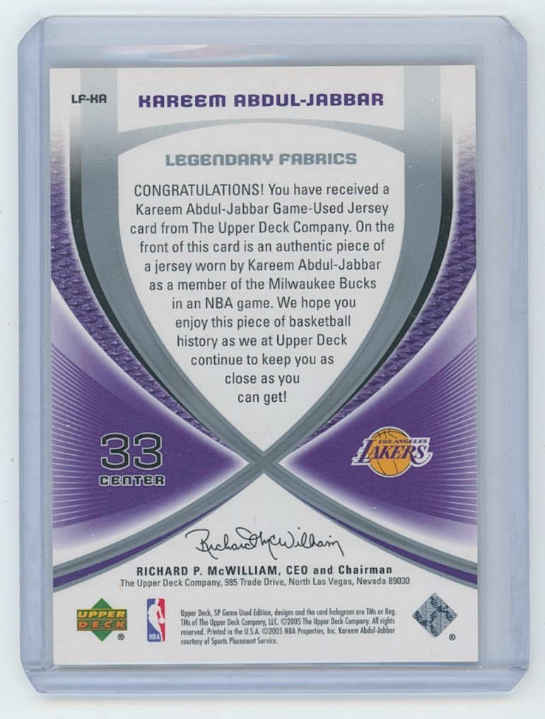 2005 -06 Upper Deck SP Game Used Kareem Abdul-Jabbar Legendary Fabrics GU Jersey