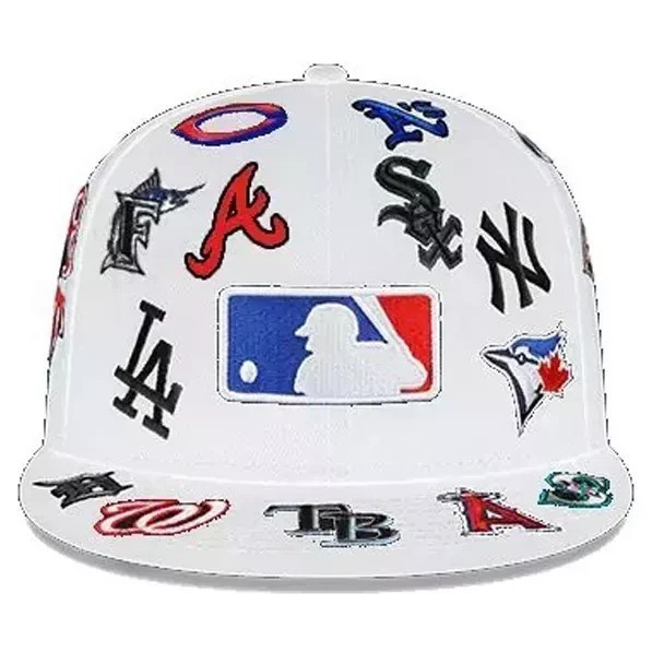 “BOXED” MLB Teams Patch Logos All-Over Black/White 59FlFTY Fitted Cap-5950 Hat