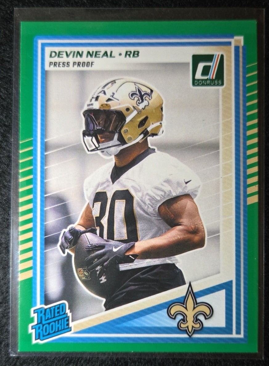 2025 Panini Donruss Devin Neal #359 Rated Rookie Press Proof Green RC Saints