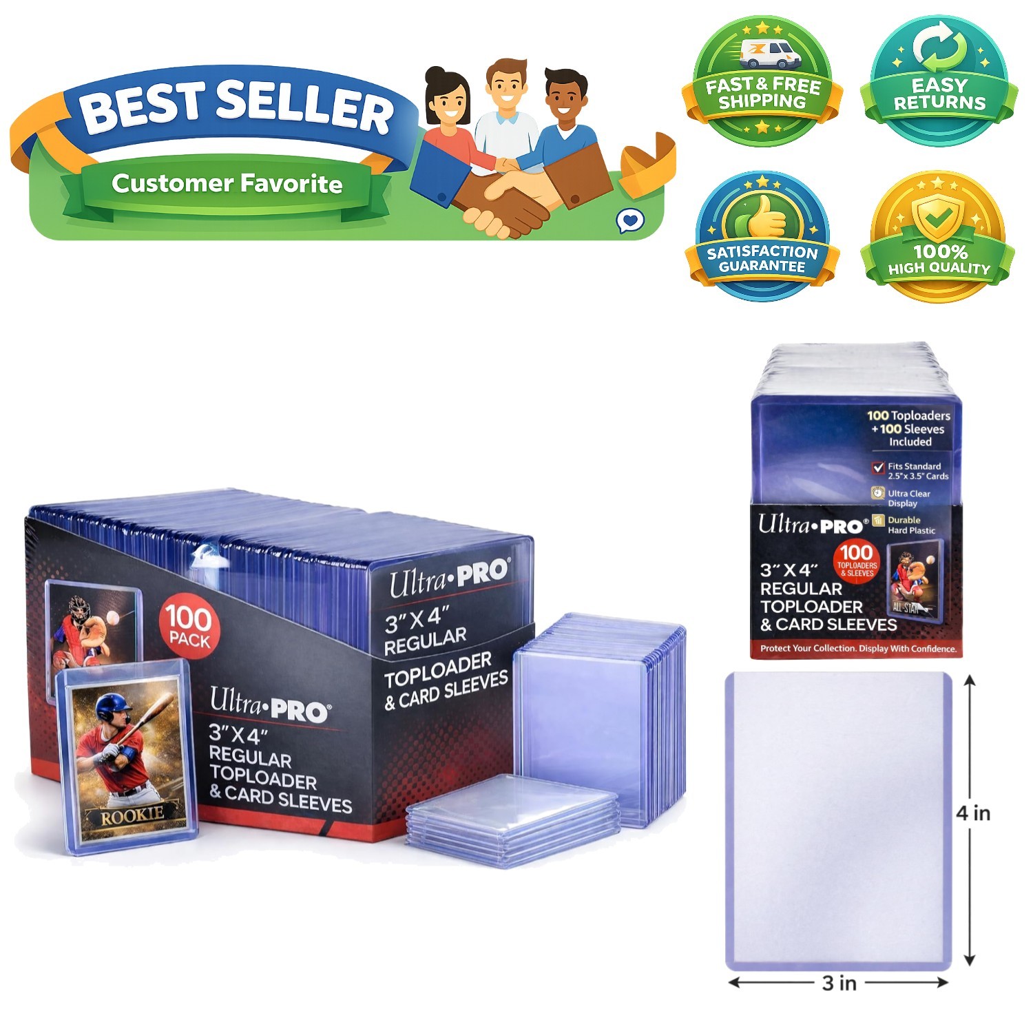 3″ x 4″ Card Protector Bundle: 100 Toploaders & Sleeves Included