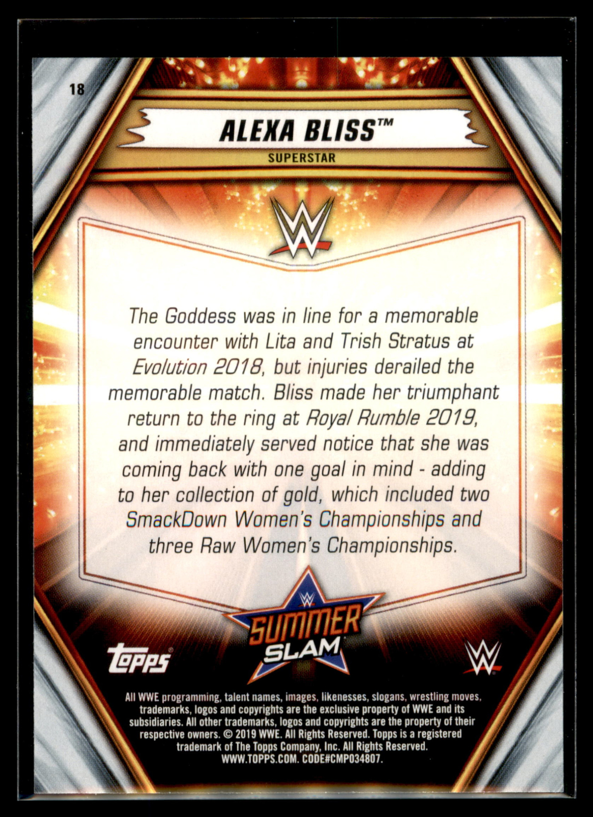 2019 Topps WWE SummerSlam Wrestling Base Set #18 Alexa Bliss – RAW