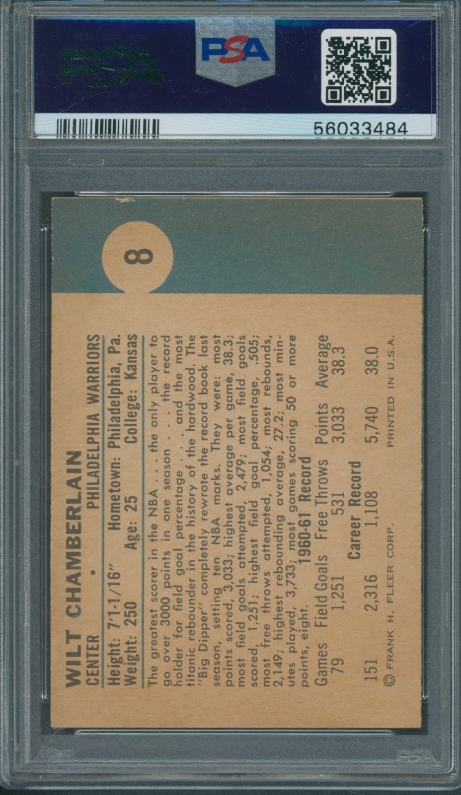 1961/62 Fleer #8 Wilt Chamberlain PSA GOOD 2 *3484