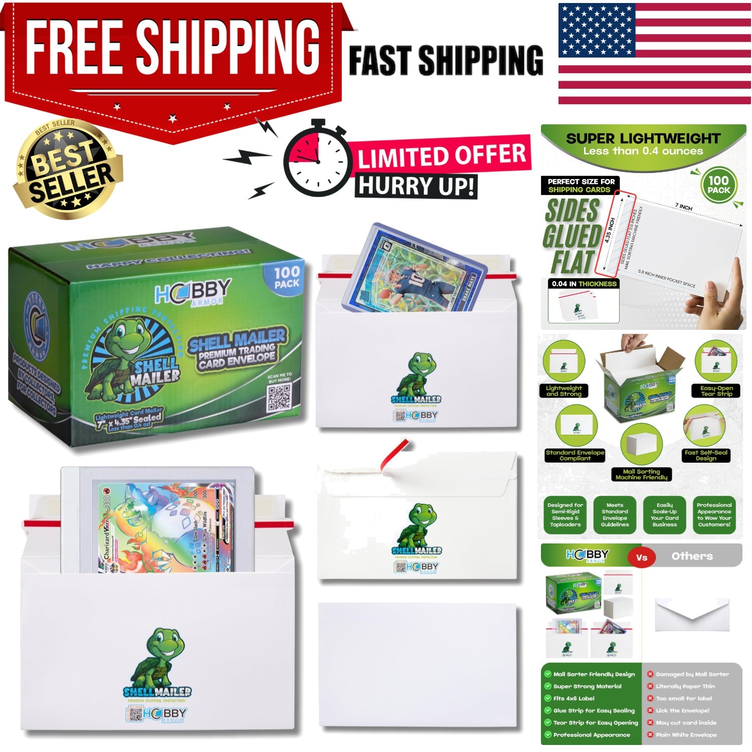 100 Pack Shell Mailer Trading Card Envelopes by , 7″ x 4.35″ 100 Pack – Turtle