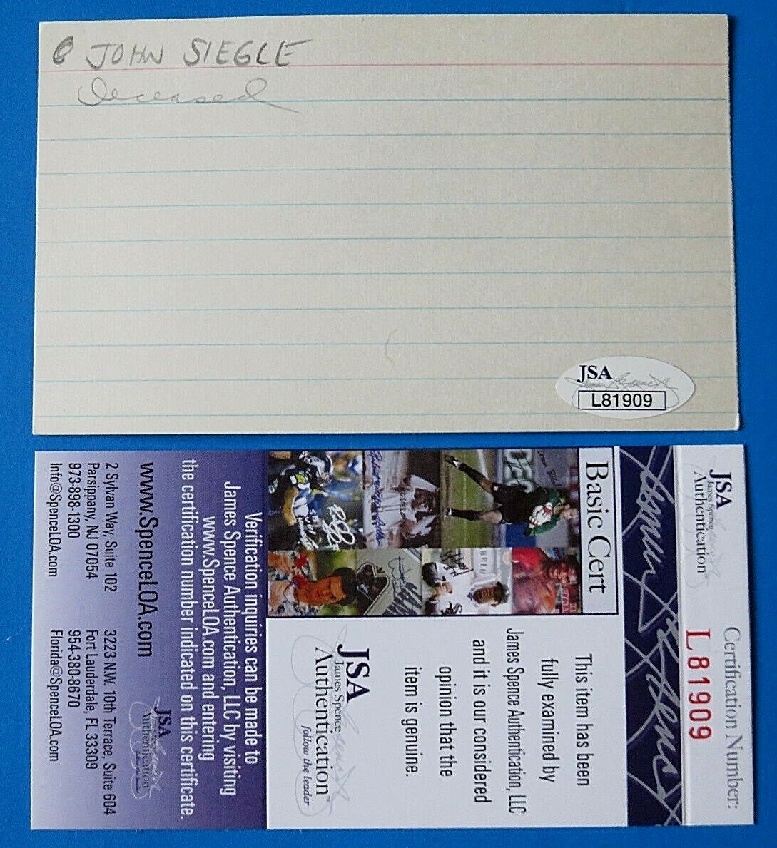 JOHN SIEGLE SIGNED 3×5 INDEX CARD ~ 1905-06 CINCINNATI REDS D. 1968 ~ JSA L81909