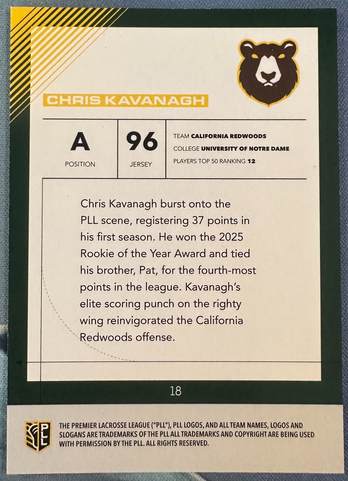 CHRIS KAVANAGH 2026 PREMIER LACROSSE PLL FIELDSIDE II BLACK & WHITE RC#18 #15/50