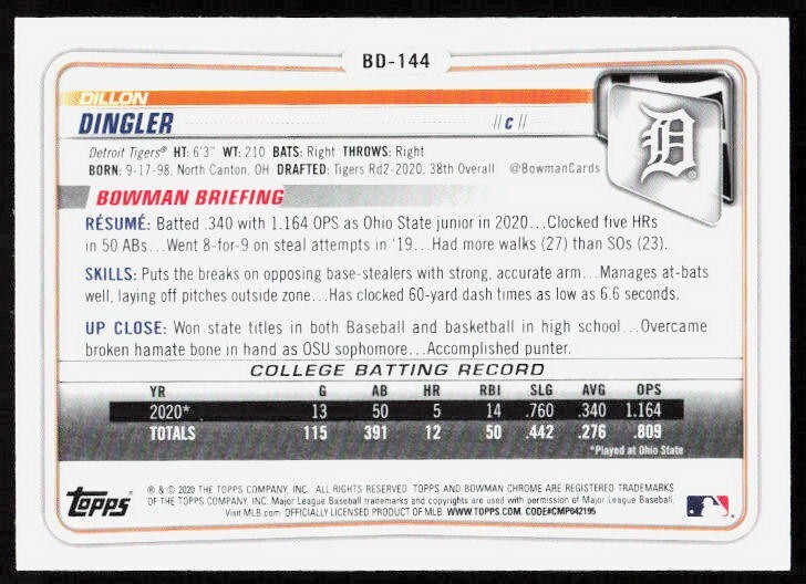2020 Bowman Draft Chrome DILLON DINGLER Prospect Rookie Card RC BD144 QTY