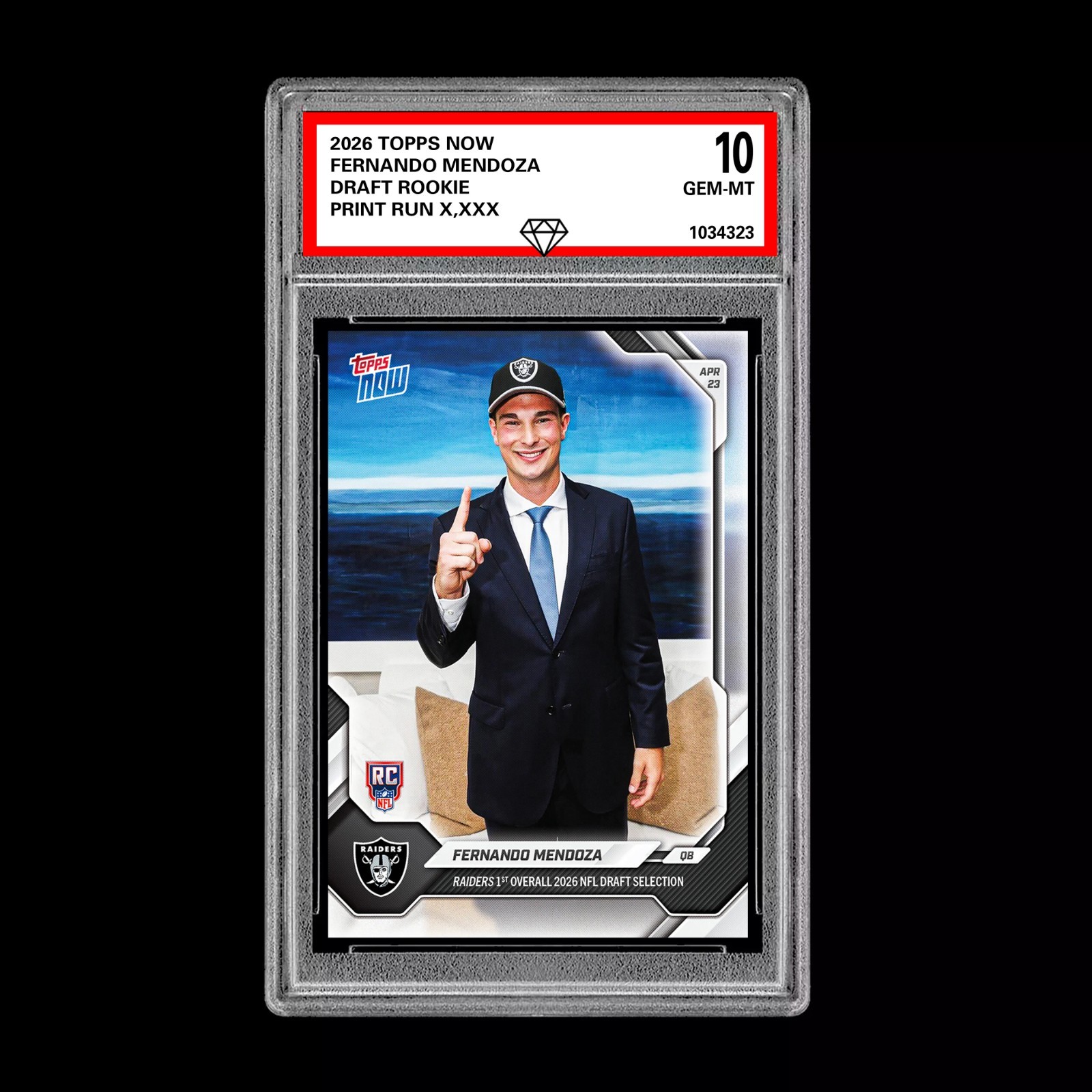 Graded 10 Fernando Mendoza 2025-26 TOPPS NOW RC Rookie Card Raiders Draft