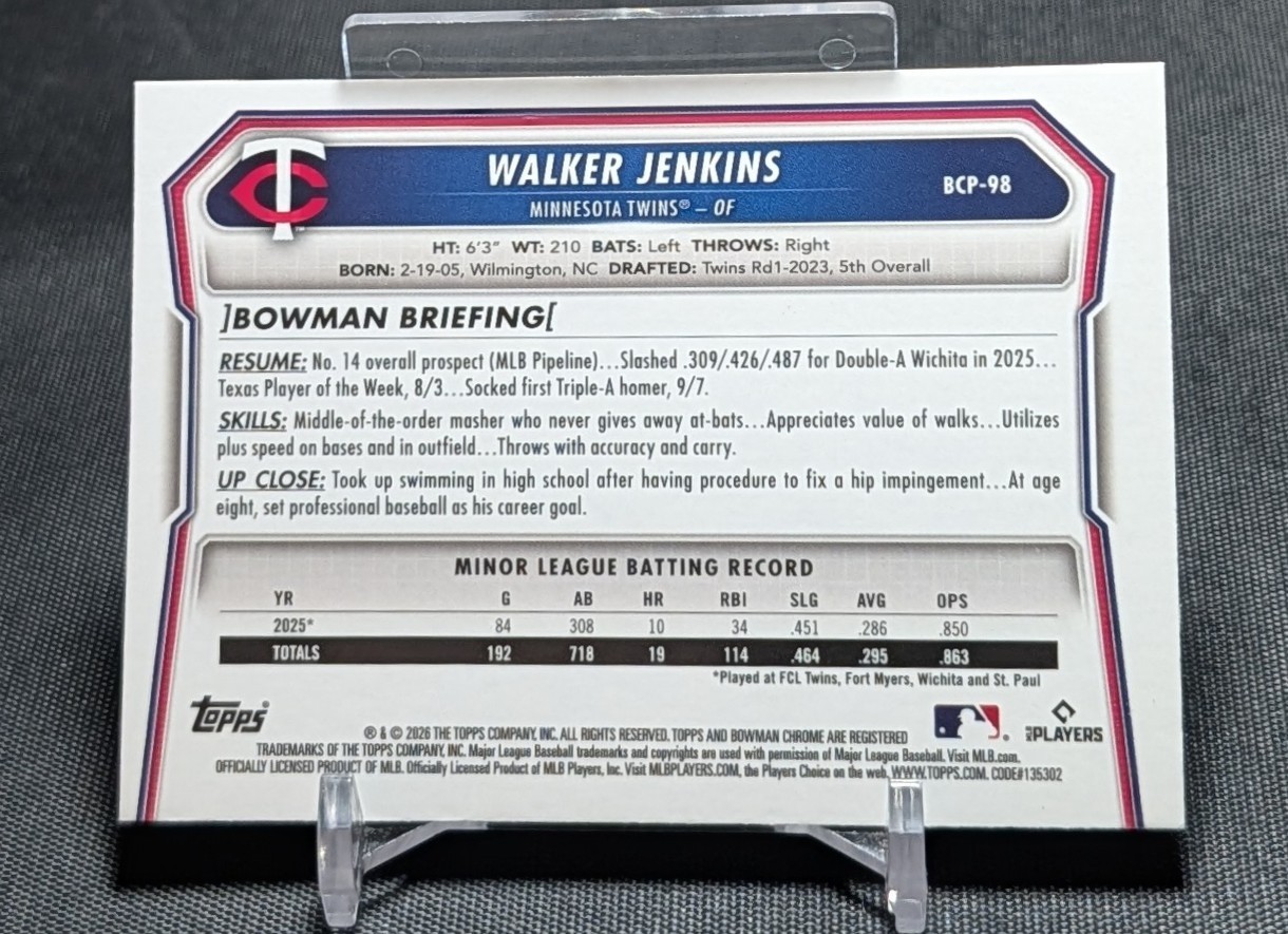 Walker Jenkins Chrome Prospect Rookie RC 2026 Bowman Card BCP-98 Minnesota Twins