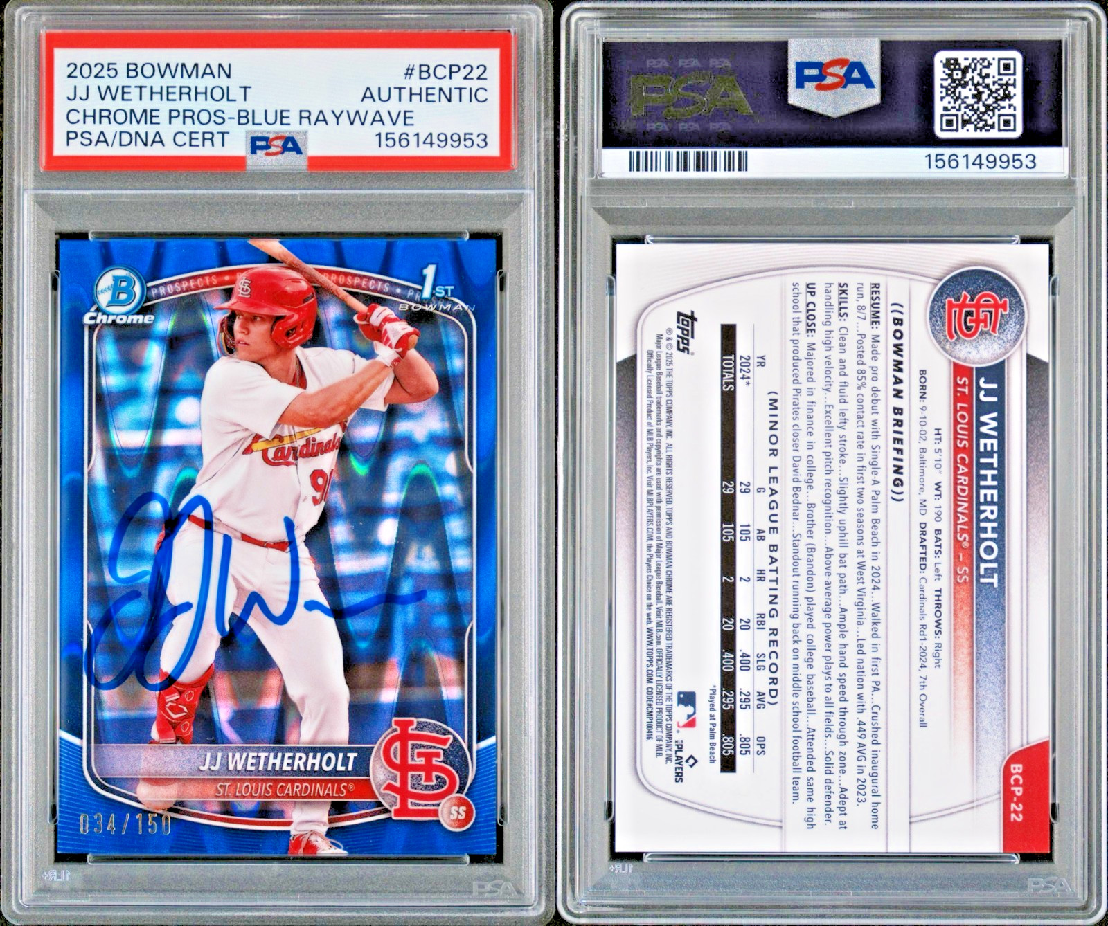 JJ Wetherholt Signed Auto 2025 1st Bowman Blue Ray Wave Refractor /150 PSA DNA