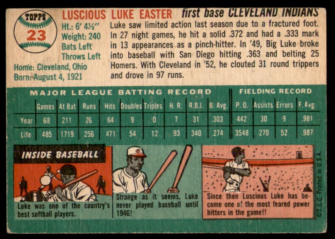 1954 Topps #23 LUKE EASTER (b) Cleveland Indians VGEX