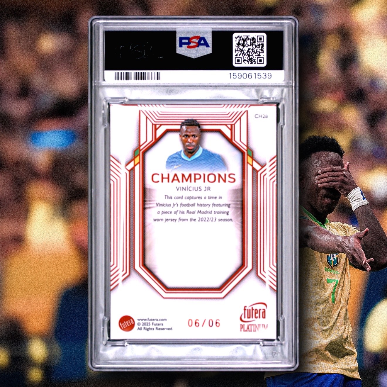 VINICIUS JR RED 6/6 REAL MADRID PATCH ⚽🔥 2025 FUTERA PLATINUM CHAMPIONS PSA 10