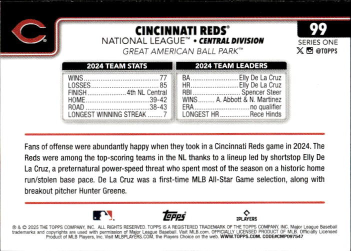Cincinnati Reds 2025 Topps Baseball (Series One) – #99 – Cincinnati Reds