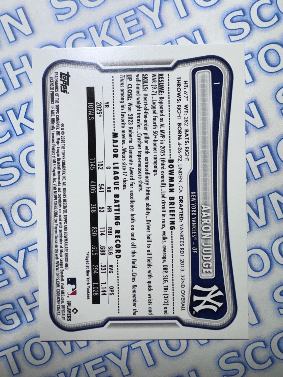2026 Bowman Baseball Base #1 – Aaron Judge – New York Yankees