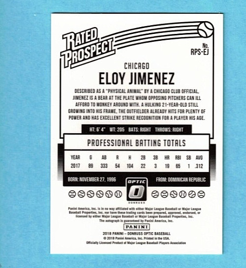 Eloy Jimenez Autograph 2018 Optic Rated Prospect #RPS-EJ White Sox D931