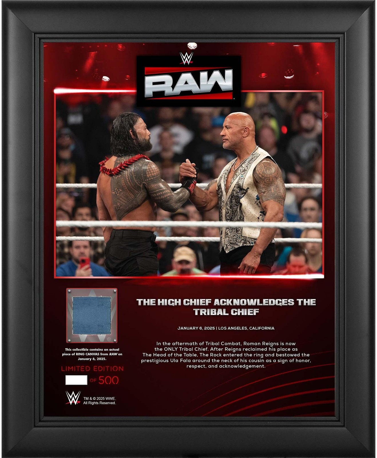 The Rock WWE Framed 13×16 1/6/2025 WWE RAW Collage w/Piece of MU Canvas – LE 500