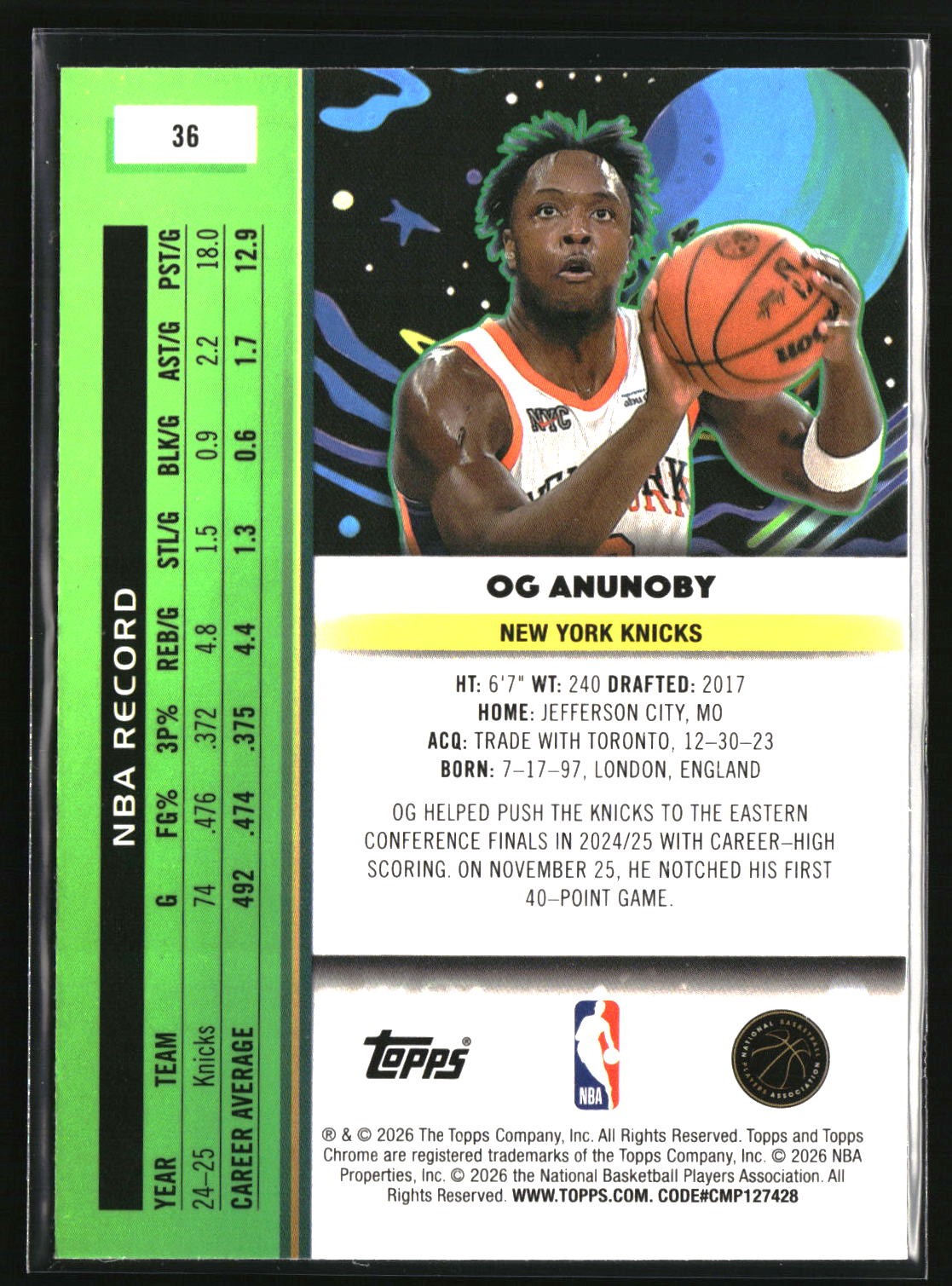 OG Anunoby 2025-26 Topps Chrome Cosmic #36 New York Knicks
