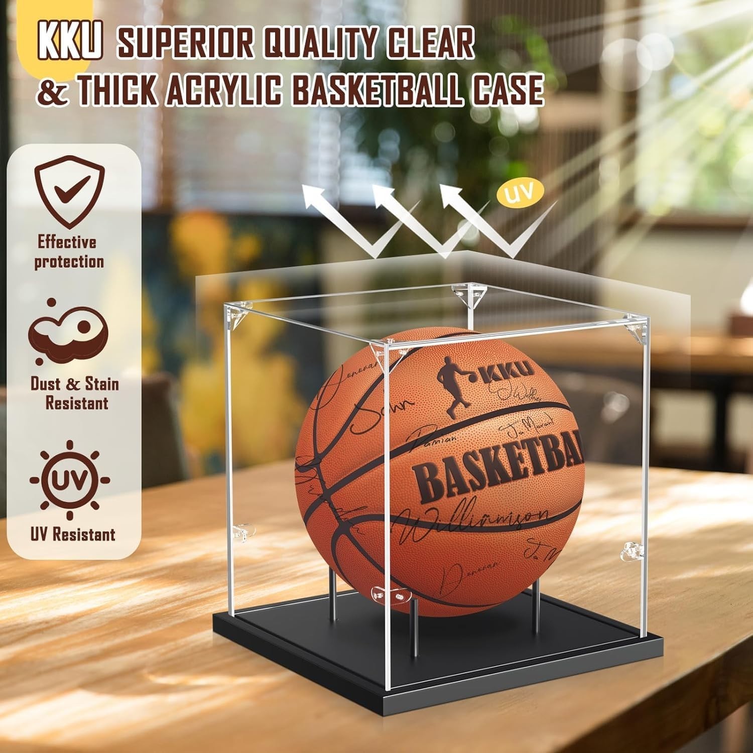 Tabletop Basketball Display Case: Black Acrylic with Wooden Base – Quick Setup