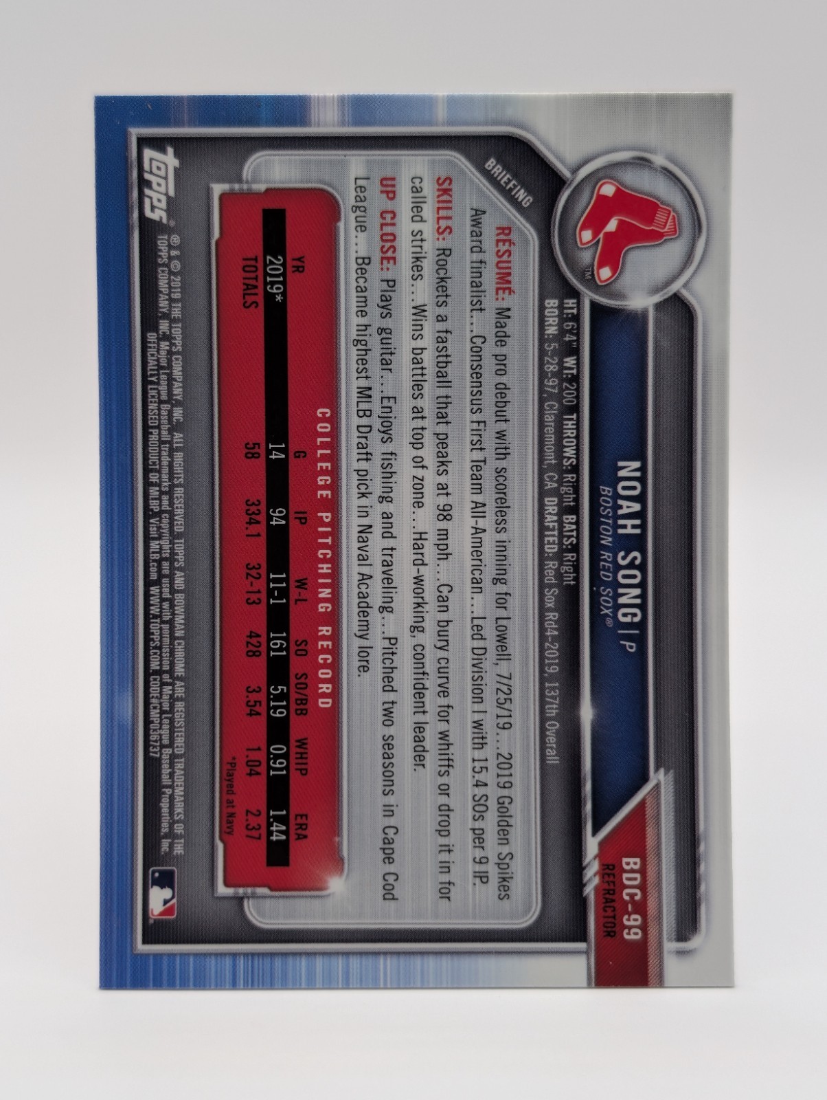 2019 Bowman Draft – Chrome Noah Song 1st Prospect #BDC-99 Refractor (RC)