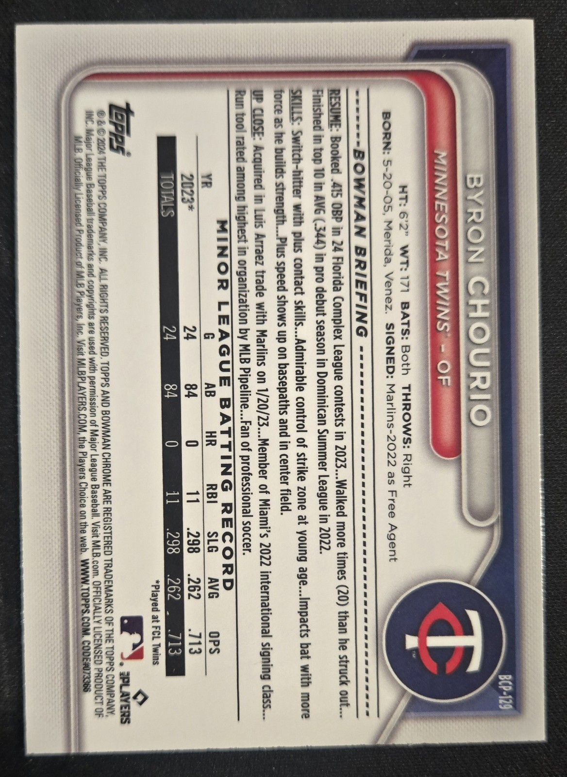 2024 Bowman Mega Box Byron Chourio Chrome 1st Mojo Navy Blue Refractor /175
