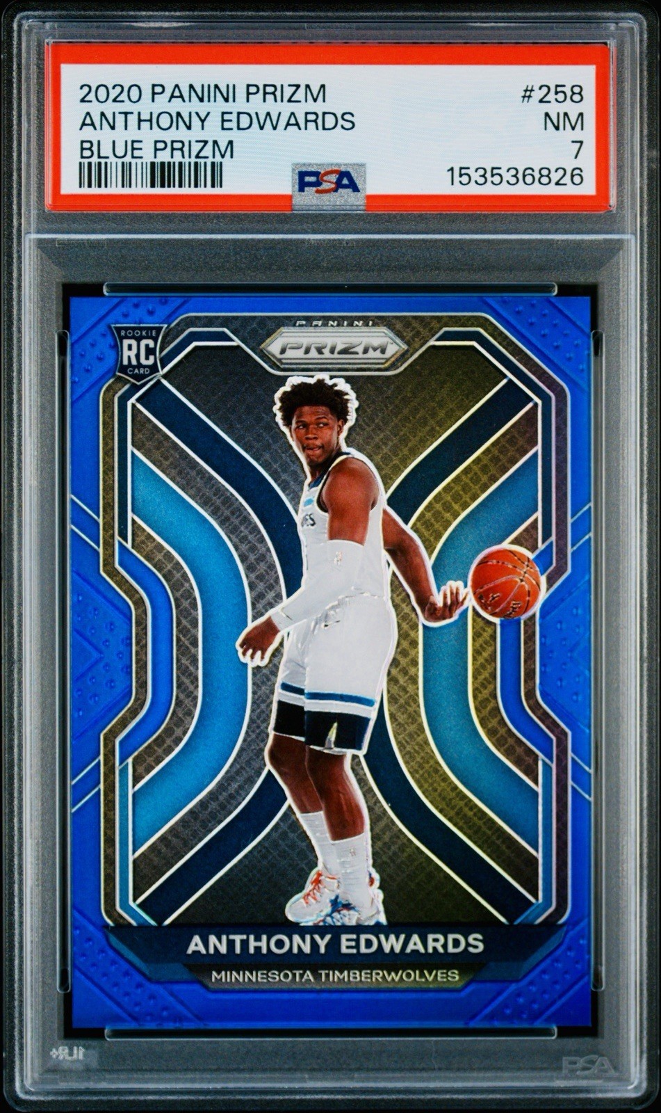 2020 Anthony Edwards Panini Prizm True Blue Rookie /199 PSA 7 #258 Solid ANT SP