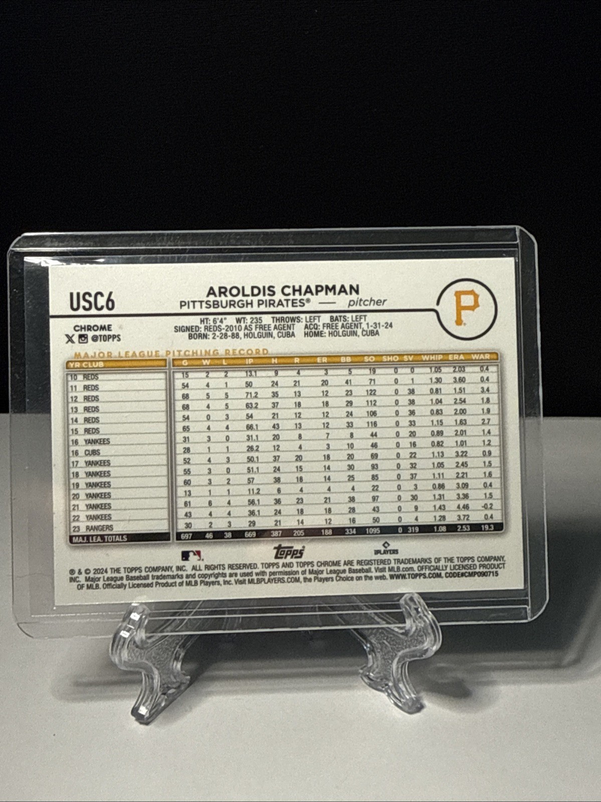 Aroldis Chapman 2024 Topps Chrome Update Series Green Wave /99 #USC6 Pirates🔥⚾️