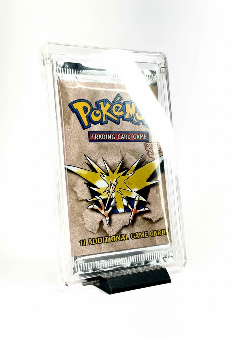 Premium Pokémon Booster Pack Acrylic Display Case with Sleeve & Black Stand