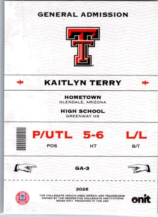 2026 ONIT Texas Tech Softball #GA-3 Kaitlyn Terry General Admission Kaleidoscope